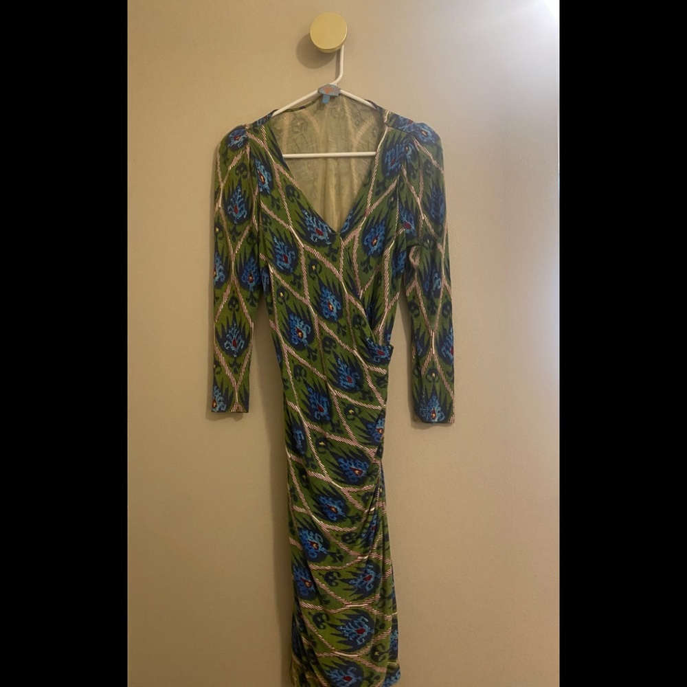 Fun patterned wrap dress with ruching on side